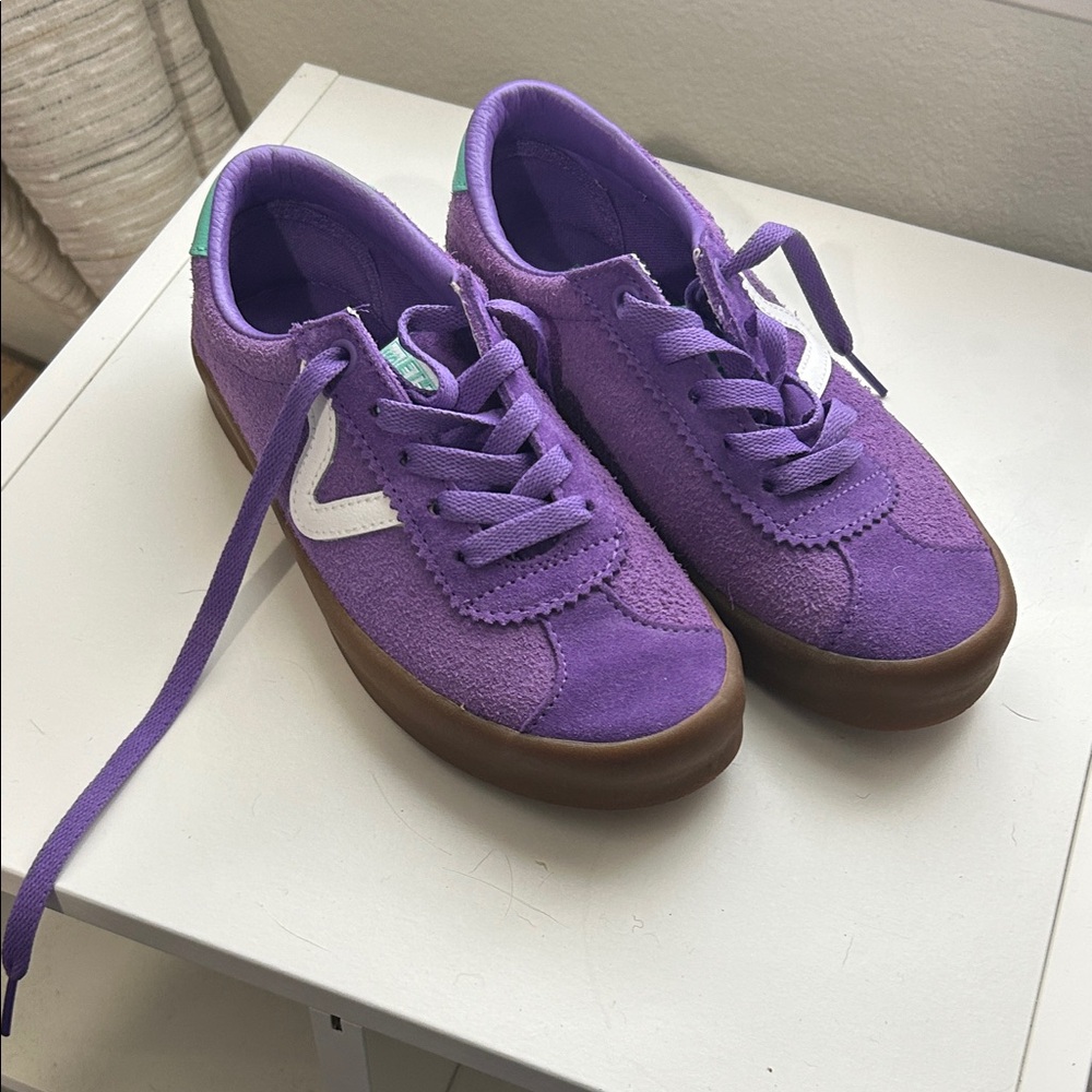 Vans Purple Suede Low-Top Sneakers with White Side Stripe and Brown Gum Sole